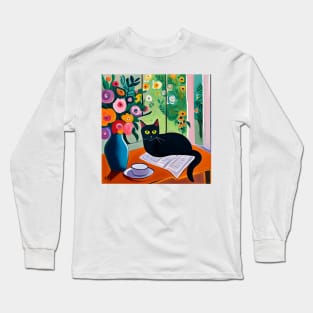 Black Cat with Flowers in Blue Vase Still Life Painting Long Sleeve T-Shirt
